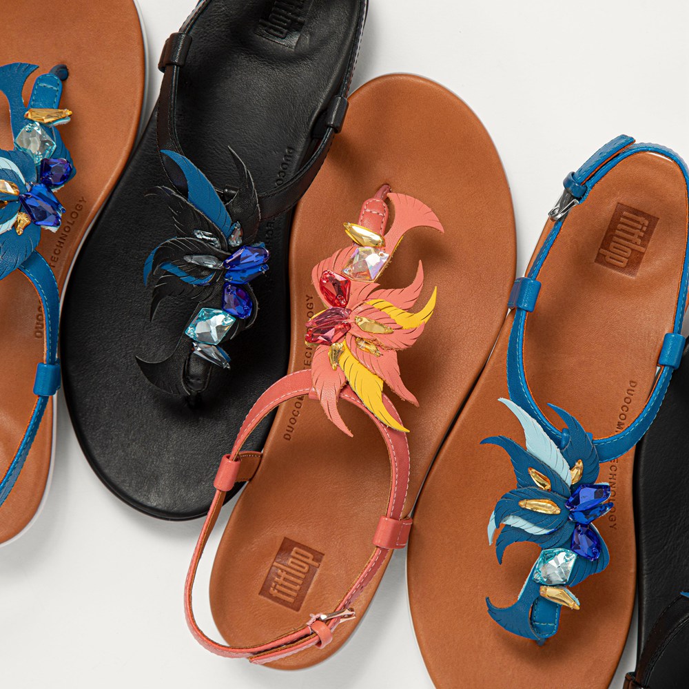 Fitflop Womens Sandals - Tia Jewel Feather Leather Back-strap - Blue - 028-JUXEZY